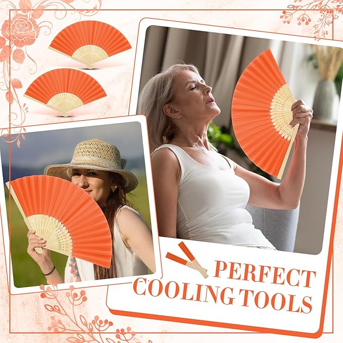 Yinkin 24 Pack Folding Fans Bamboo Handheld Folded Craft Hand Japanese Chinese Fans for Weddings Bridal Dancing Church DIY Decoration Women Gift Party Favors (Orange)
