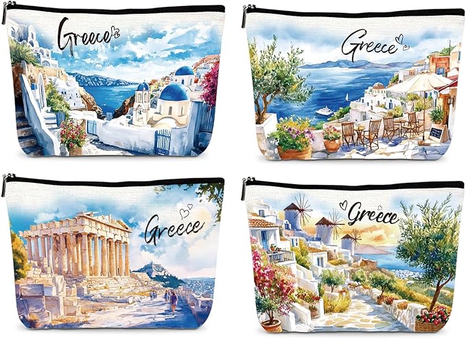 Greece Travel Souvenirs Gifts - 4Pcs Greece Travel Essentials Makeup Bags, Watercolor Greek Vacation Must Have Cosmetic Toiletry Bags with Zipper, Greek Gifts for Travelers Women Girls