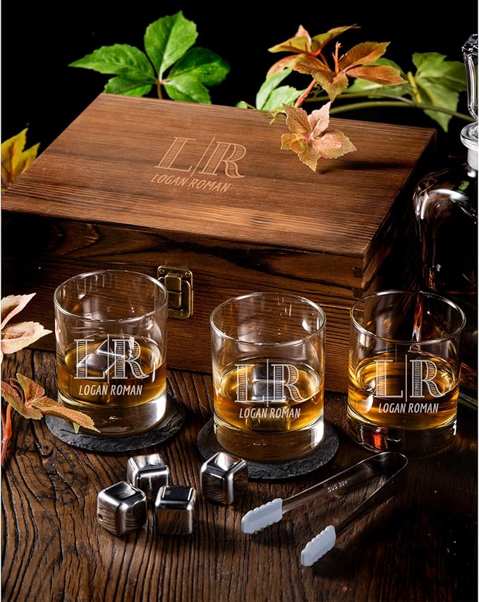 Froolu Personalized Scotch Whiskey Glasses Set - Premium Customizable Monogram Designs