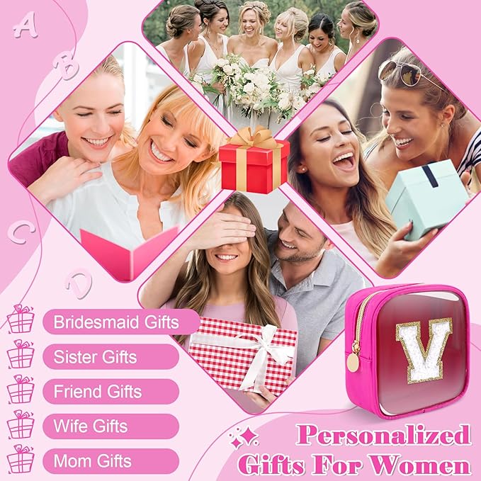 Personalized Initial Letter Clear Preppy Makeup Bag,Mini Nylon Chenille Letter Cosmetic Bag Cute Zipper Pouch Coin Purse for Teen Girls,Portable TSA Approved Travel Essentials Bag Gift for Women,V