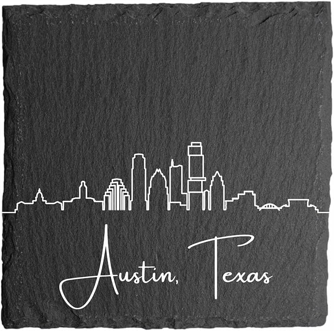 Blue Ridge Mountain Gifts - Austin TX Skyline Coasters, Set of 4 - Austin Texas Souvenir, Slate Coasters with Minimalist Skyline, Housewarming Gift for Friends, Family, & Neighbors