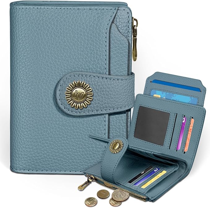 Blue Small Wallet Women RFID Blocking Bifold, Credit Card Holder, Zipper Coin Pocket, PU Leather, Compact, Travel, 4 ID Window, 14 Card Slots, Cash Purse, Ladies Woman Female Girls