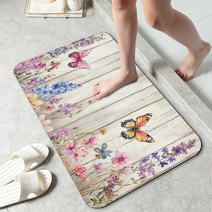 Bathroom Rug 29.5"x17",Wood Board Butterfly Flowers Super Absorbent Fast Drying Bath Mat with Non-Slip Rubber Backing, Thin Low-Profile Easy-Clean Bathroom Floor Mat for Shower or Tub