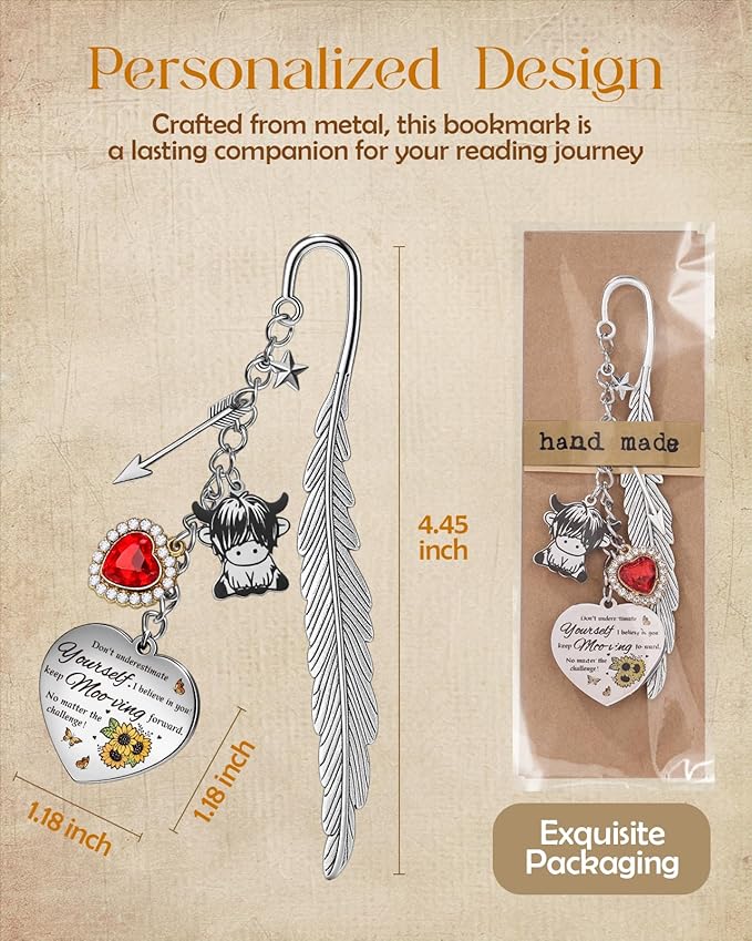 Buleens Bookmarks for Women Reading - Book Marks for Readers Book Lovers, Feather Highland Cow Farm Personalized Metal Bookmark with Pendants, Pretty and Aesthetic Book Accessories Reading Gifts