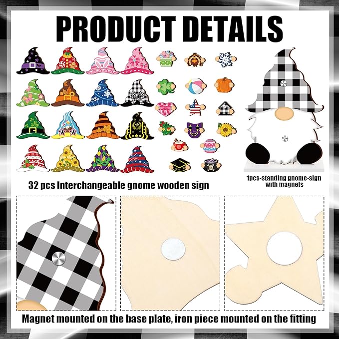 Blulu 34 Pcs Christmas Interchangeable Wooden Gnome Decor DIY Holiday Christmas Seasonal Tiered Tray Decoration Gnomes with Magnet Pieces Welcome Sign for Xmas Holiday Decorations (Stylish)