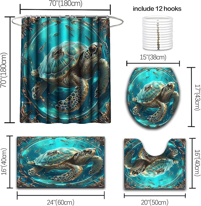 Sea Turtle Shower Curtains - 4 Pcs Kids Shower Curtain Set Ocean Themed Shower Curtain Turtle Shower Curtains for Bathroom Turtle Bathroom Accessories with Rug,and Bath Mat with 12 Hooks