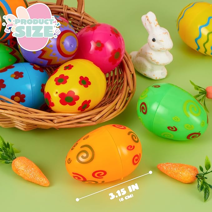 JOYIN Toy 24 PCs Plastic Printed Bright Easter Eggs, Over 3.15'' Tall Fillable Empty Eggs Bulks for Easter Hunt, Basket Stuffers Fillers, Classroom Prize Supplies, Filling Treats and Party Favor