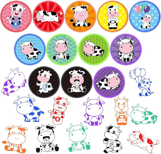 Cinrobiye 24 Pcs Cow Stampers for Boys Girls,Farm Animal Party Birthday Favors, Cow Goodie Bag Fillers, Classroom Rewards, Carnival Prizes, Pinata Stuffers for Moo Party Gifts