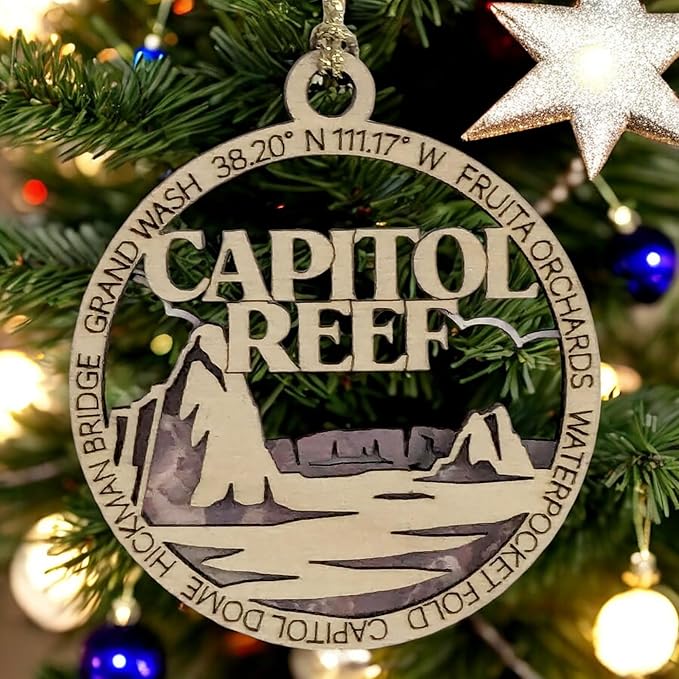 Capitol Reef National Park Wood Handcrafted Ornament - 3" Round Christmas Decoration, Made in USA, Featuring Iconic Landmarks