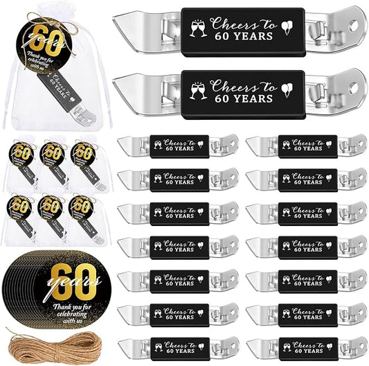 25 Sets 60th Birthday Party Favors for Guests 60th Magnetic Bottle Opener Multifunctional Jar Can Opener Thank You Cards Bag with Twine for Anniversary Party Favors Wedding Shower