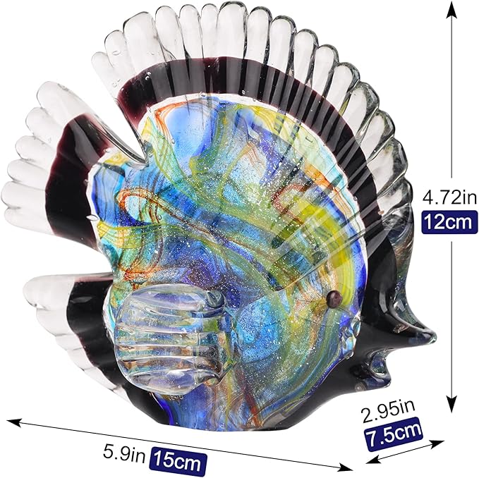 DOVDOV Blown Glass Fish Statues and Sculptures, Stained Glass Fish Modern Art for Coastal Style Home Decor, Shelves Office Fish Tank Bookcase and Entryway Entry Table Top Coffee Table.