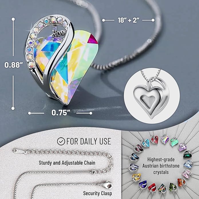 Leafael Valentine's Day Gift Necklaces for Women, Infinity Love Birthstone Heart Crystal Pendant, Birthday Anniversary Jewelry for Wife, Mom, and Her, Silver Plated, 18" + 2" Adjustable Chain