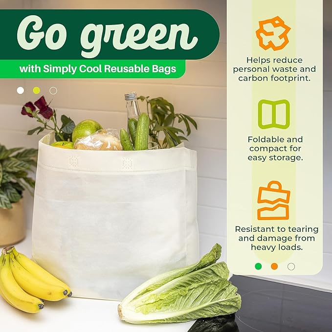 Simply Cool 200 Pack Reusable Eco-Friendly Grocery Shopping Bags 12.6"x6.3"x11.8" Durable, Recyclable, Washable, Foldable, Portable Tote Bags Bulk (Cream)