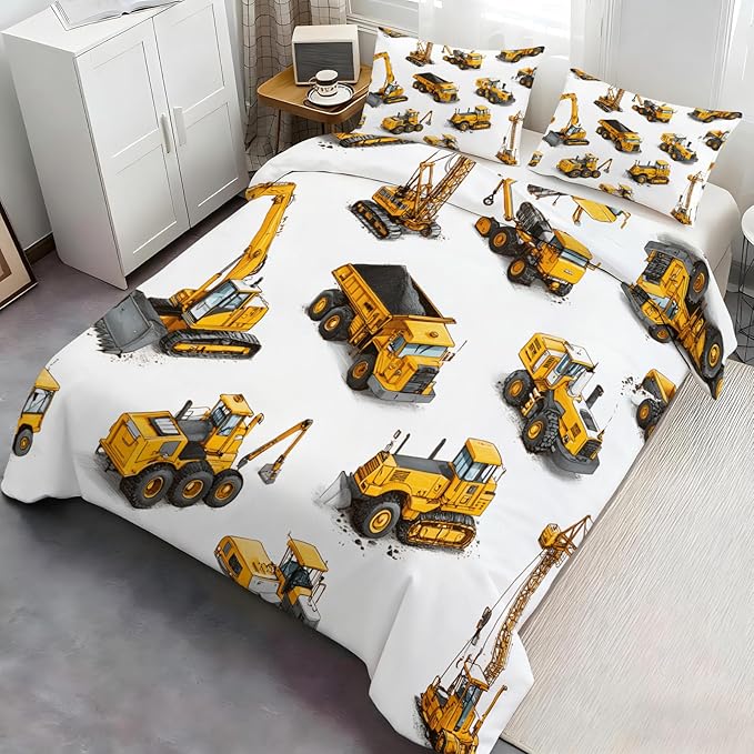 Construction Vehicles Duvet Cover King Size Tractor Excavator Dump Truck Bedding Set Boys’ Construction Vehicle Comforter Set Cartoon Mechanical Car Comforter Cover With Zipper Ties for Bedroom