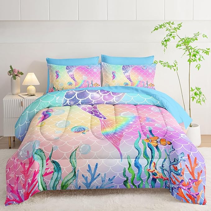 7Pcs Mermaid Tail Comforter Set Pink Scales Printed Bedding Set with 1 Comforter, 1 Flat Sheet, 1 Fitted Sheet and 4 Pillowcases for Boys and Girls Bedroom All Season(Queen)