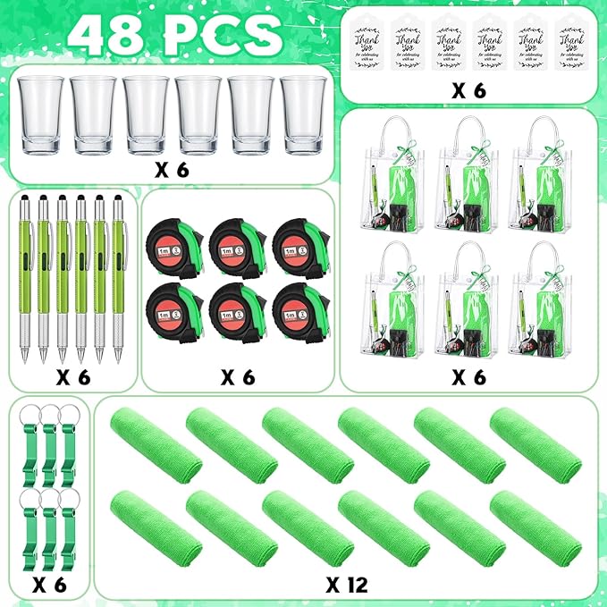 Leinuosen 6 Set Baby Shower Prizes for Men with Cleaning Cloth Bottle Opener Screwdriver Tape Measuring Keychain Multi Tool Pen Gift Bag Baby Shower Game Prizes for Winner(Green,Classic Style)