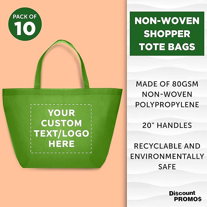 DISCOUNT PROMOS Custom Southern Style Grocery Tote Bags Set of 10 - Personalized Bulk Pack, Reusable Grocery & Shopping Bags - Great for Travel, Business Promotions - Lime Green - 20"X13"X8"