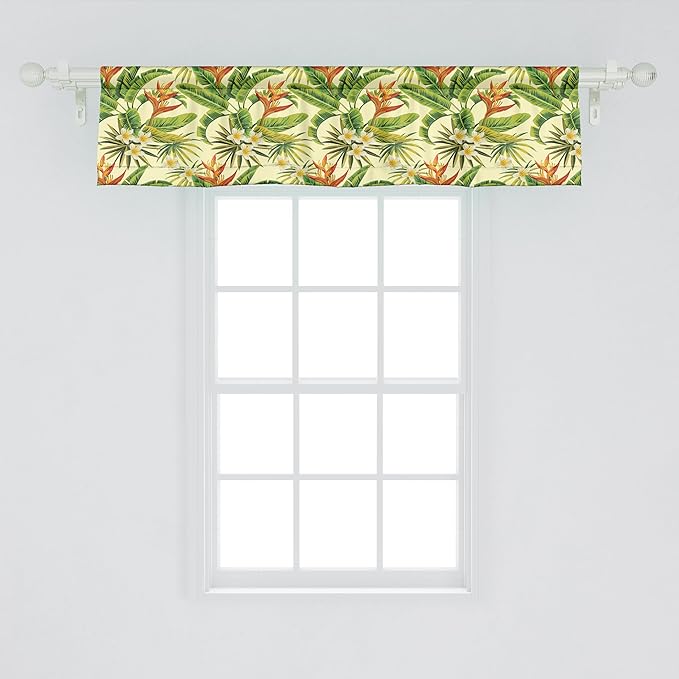 Ambesonne Tropical Window Valance, Exotic Plumeria Flowers and Palm Tree Leaves on Cream Background Hawaiian Flora, Curtain Valance for Kitchen Bedroom Decor with Rod Pocket, 54" X 12", Orange Green