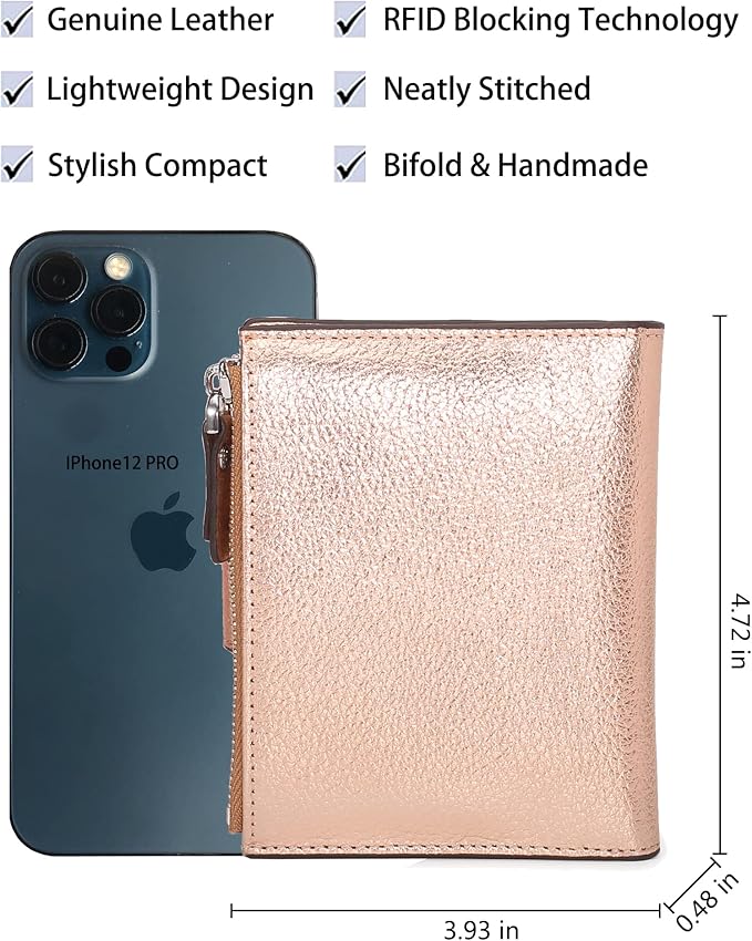 AINIMOER Women's RFID Blocking Leather Small Compact Bi-fold Zipper Pocket Wallet Card Case Purse with id Window