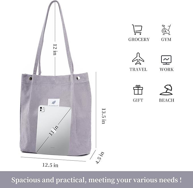 Corduroy Tote Bag Cute Tote Bags for Women Shoulder Bag with Inner Pocket for Work Beach Travel and Shopping Grocery