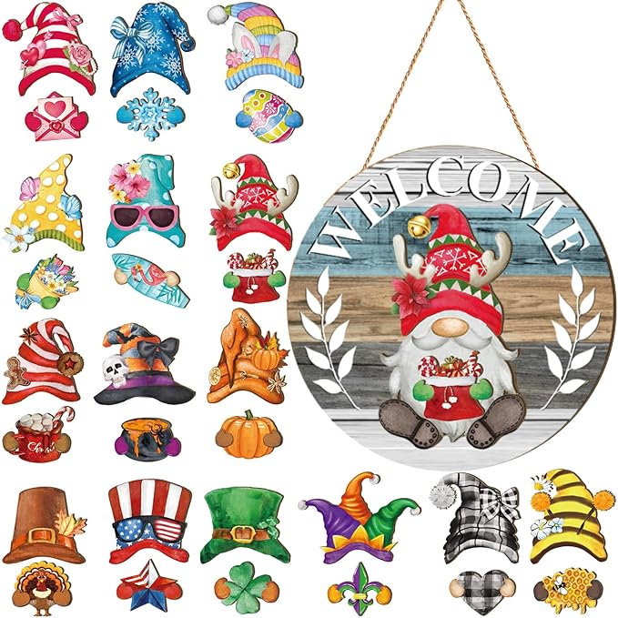 Qunclay Interchangeable Wooden Gnome Decor Holiday Seasonal Gnome Decorations with Magnet Pieces and Detachable Hats Changeable Welcome Sign for Home(Watercolor)