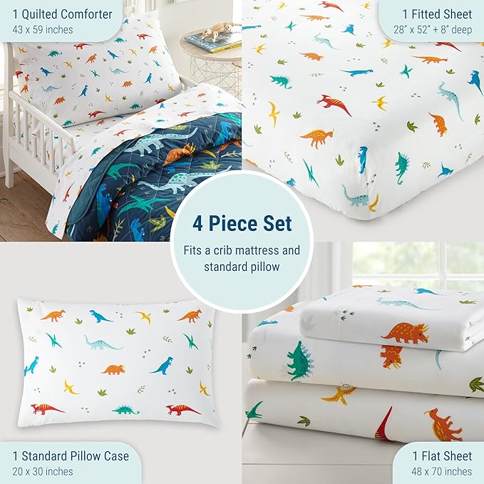 Wildkin 4-Piece Toddler Bed in a Bag – Cotton Comforter, Sheets & Pillowcase for Cozy Cuddles - Jurassic Dinosaurs