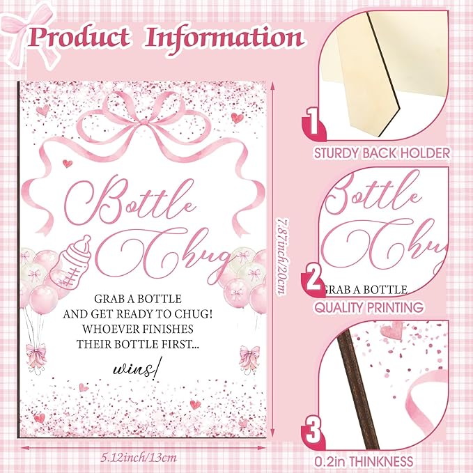 TrelaCo Cool Baby Shower Games Bottle Chug Sign and 12 Pcs Baby Bottle Shower Favor Baby Bottles for Baby Shower Games Gender Reveal (Pink Bow)