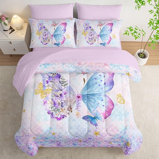 7Pcs Cartoon Butterfly Comforter Set Watercolor Printed Bedding Set with 1 Comforter, 1 Flat Sheet, 1 Fitted Sheet and 4 Pillowcases for Bedroom All Season(Butterfly-3 Full)