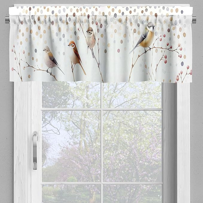 Ambesonne Bird Print Valance & Tier Curtain 3 pcs Set, Watercolor Style Polka Dots and Animals on Leafless Fall Branches, Window Treatments for Kitchen Room Decor, 55" x 24", Pastel Brown Purpleblue