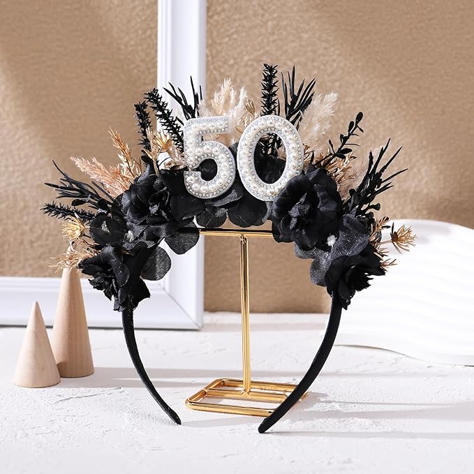 Flower Black Birthday Headband - Dark Happy Birthday Crown and Sash Set for Women Fabulous Party Accessories