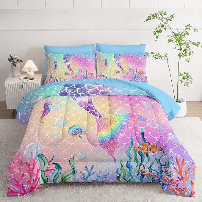 7Pcs Mermaid Tail Comforter Set Pink Scales Printed Bedding Set with 1 Comforter, 1 Flat Sheet, 1 Fitted Sheet and 4 Pillowcases for Boys and Girls Bedroom All Season(Twin)