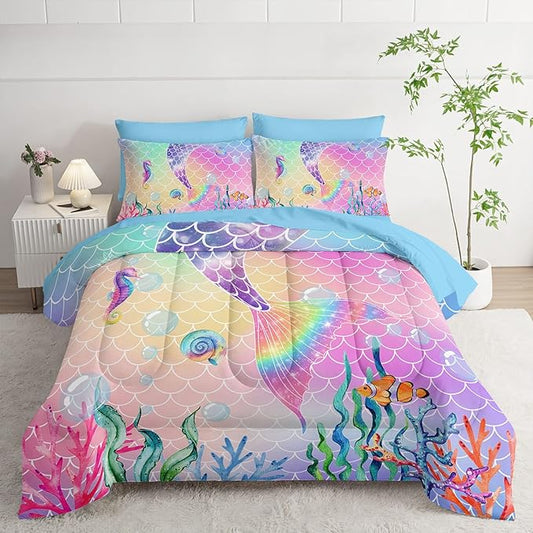 7Pcs Mermaid Tail Comforter Set Pink Scales Printed Bedding Set with 1 Comforter, 1 Flat Sheet, 1 Fitted Sheet and 4 Pillowcases for Boys and Girls Bedroom All Season(Twin)