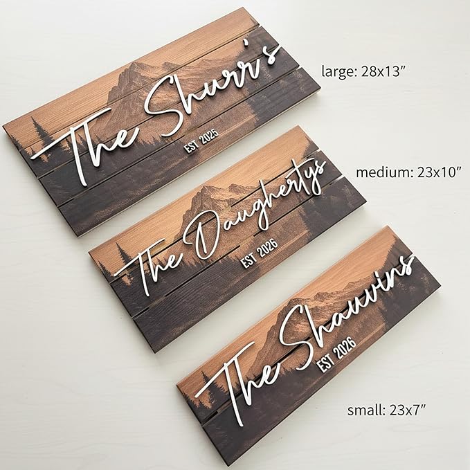 Custom Mountain Family Name Sign - Rustic Wood Wall Decor, Personalized Wedding & Gift for Couples Anniversary, Housewarming Gift for New Home (Small)