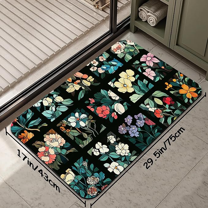 Bathroom Rug 29.5"x17", Groovy Abstract Flowers Bath Mat with Non-Slip Rubber Backing, Quick-Drying Absorbent Thin Floor Mat for Bathroom, Shower, Sink, or Kitchen