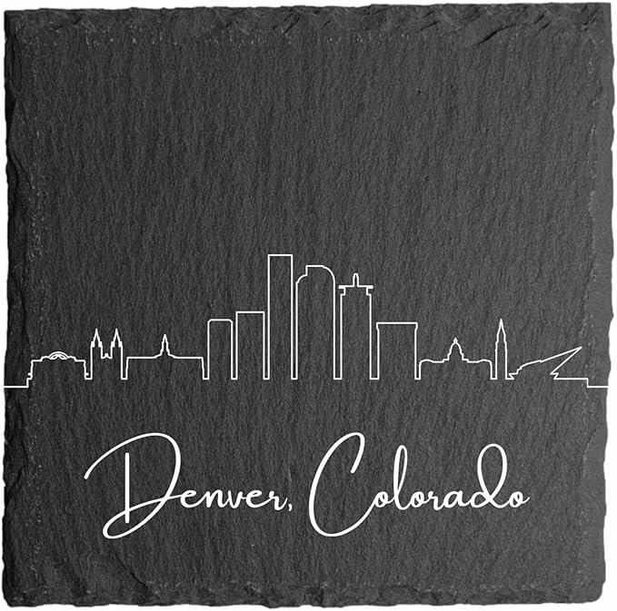 Blue Ridge Mountain Gifts - Denver CO Skyline Coasters, Set of 4 - Denver Colorado Souvenir, Slate Coasters with Minimalist Skyline, Housewarming Gift for Friends, Family, & Neighbors