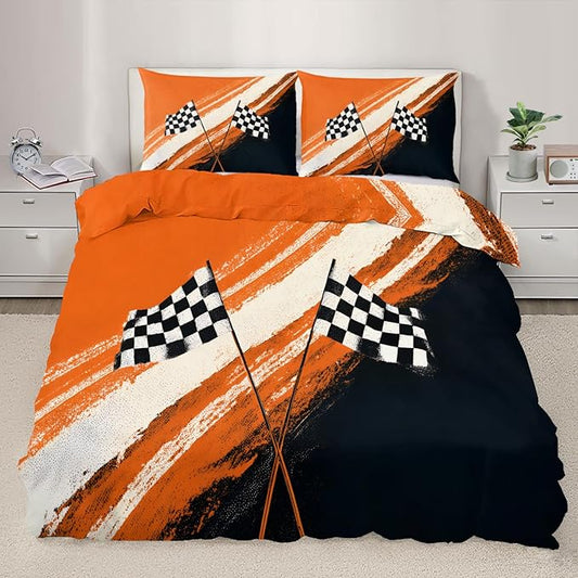 Racing Checkered Flag Bedding Set King Size Sporty Motorsport Duvet Cover Boys Race Car Comforter Cover Race Track Comforter Set with Pillowcases for Bedroom