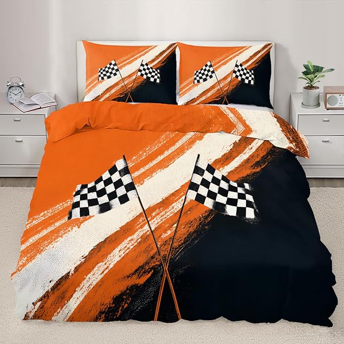 Racing Checkered Flag Bedding Set Twin Size Sporty Motorsport Duvet Cover Boys Race Car Comforter Cover Race Track Comforter Set with Zipper Ties for Bedroom
