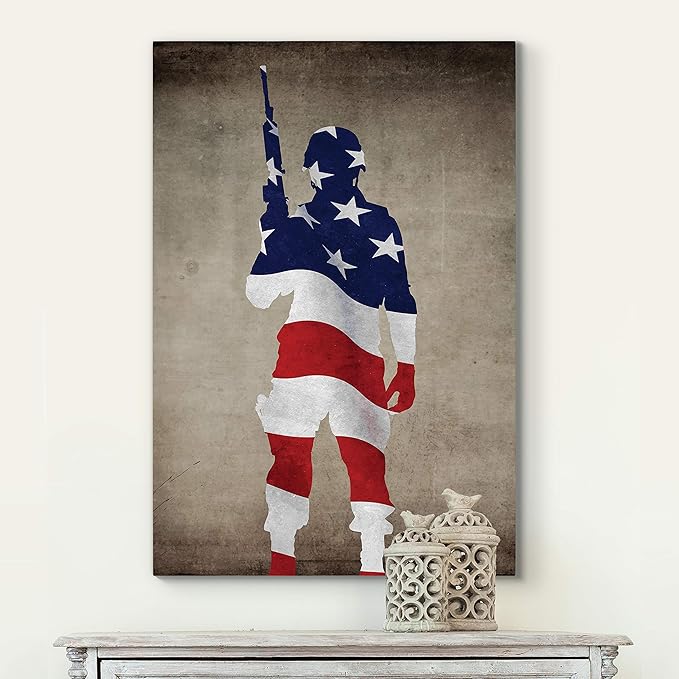 Renditions Gallery Canvas Military Wall Art Modern Paintings & Prints Decorations Victorious Flag Draped Veteran Modern American Heroes Wall Hanging for Bedroom Office Kitchen - 24"x32" LT25