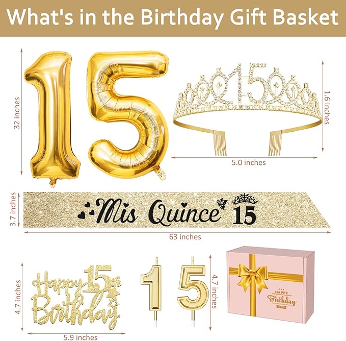 15th Birthday Decorations for Girls Gold with15th Birthday Crown and Sash, Candles and Cake Topper, Number Balloons, Sweet 15 Year Old Gifts for Girls