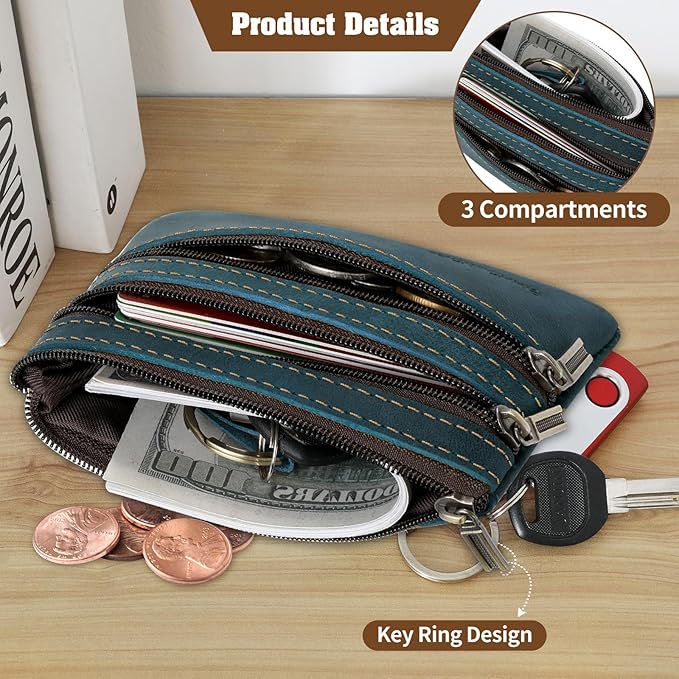 Jack&Chris Coin Purse Pouch for Men, Genuine Leather Coin Purse Zipper Pocket with Keychain Ring, Coin Bag for Men,JC301-Blue