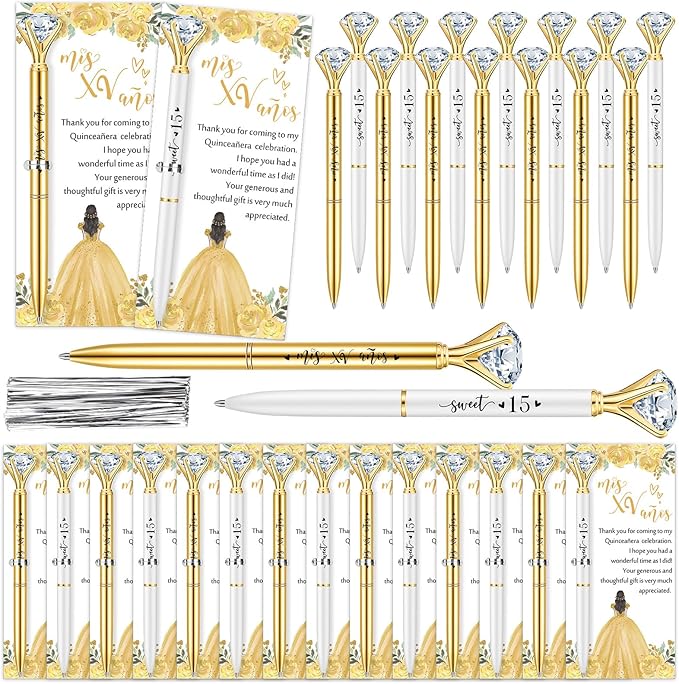 50 Set Quinceanera Party Favors for Guest Sweet 15 Diamond Pens Bulk Mis XV Años Fancy Ballpoint Pen with Thank You Cards and Ties 15th Birthday Thank You Gifts(White, Gold)