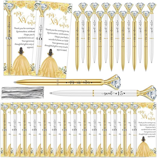 50 Set Quinceanera Party Favors for Guest Sweet 15 Diamond Pens Bulk Mis XV Años Fancy Ballpoint Pen with Thank You Cards and Ties 15th Birthday Thank You Gifts(White, Gold)