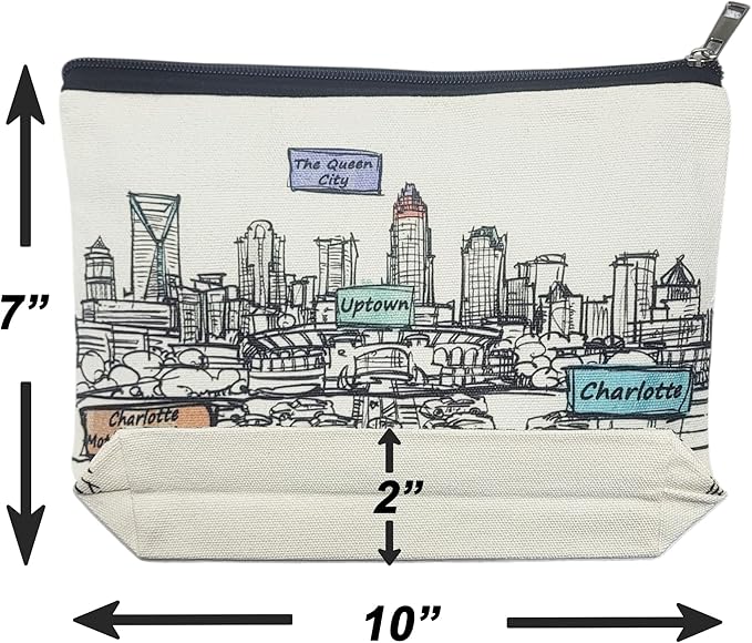 Cities Around the World Artwork Cosmetic Bag Series – Designed in USA, Travel Makeup Bag with Zipper, Souvenir Gift for Women, Artwork Organizer for Purse or Toiletry (Charlotte)