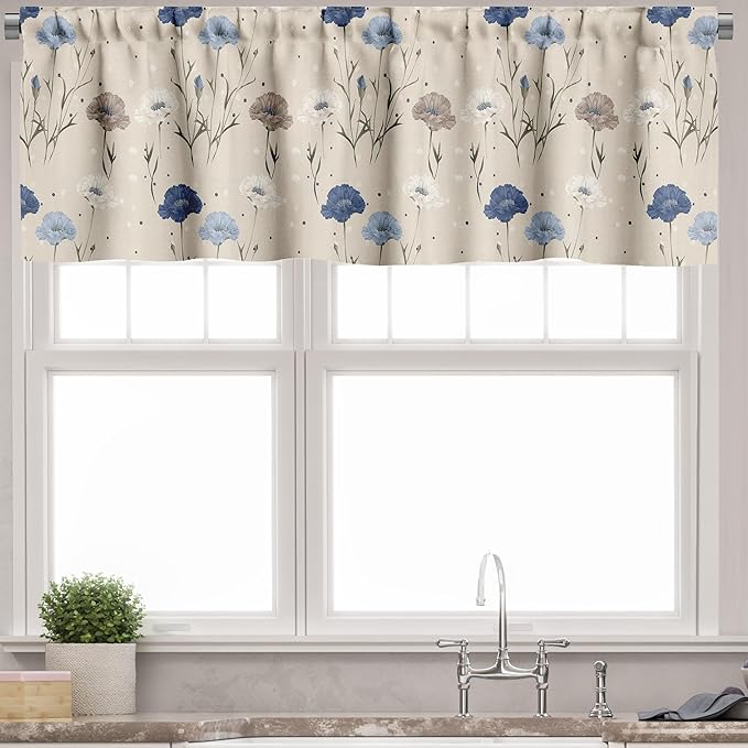 Ambesonne Garden Window Valance, Floral Melancholy Blooming Poppy Flowers with Leaves on Dotted Back, Curtain Valance for Kitchen Bedroom Decor with Rod Pocket, 54" X 12", Beige Night Blue Dark Tan