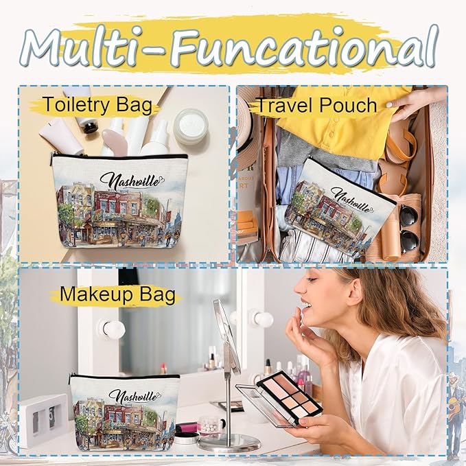Nashville Travel Gifts Makeup Bag, Watercolor Nashville City Cosmetic Bag, Travel Essentials Souvenir Gifts for Nashville Lovers Travellers Women Girls Birthday Bachelorette Party Favors