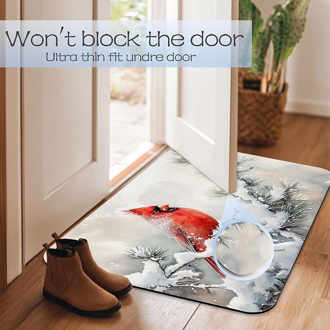 Cardinal Bird Bathroom Rug 29.5"x17", Winter Flowers Quick-Drying Super Absorbent Diatomite Bath Mat with Non-Slip Backing, Thin Washable Bathroom Floor Mat Fits Under Door for Shower, Sink, or Tub