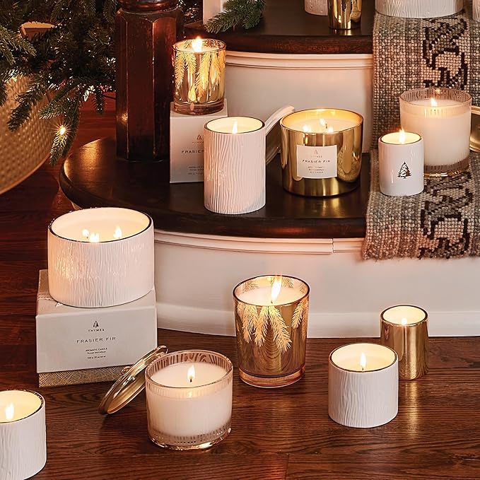 Thymes Frasier Fir Candle – Pine Needle Design – Holiday Scented Candle – Notes of Crisp Siberian Fir, Cedarwood & Sandalwood – Luxury Home Fragrance Gifts for Women & Men – Gold (Gilded, 13 oz)