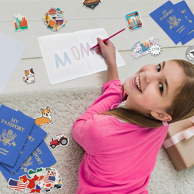 15 Pcs Fake Passport Book for Kids with 150 Non-Repeating Stickers (Including 3 Themes), Suitable for Party Favors, Scrapbooking, Arts and Crafts, School Supplies, Wall Stickers