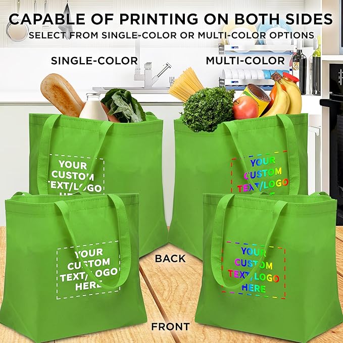 DISCOUNT PROMOS Custom Southern Style Grocery Tote Bags Set of 50 - Personalized Bulk Pack, Reusable Grocery & Shopping Bags - Great for Travel, Business Promotions - Lime Green - 20"X13"X8"