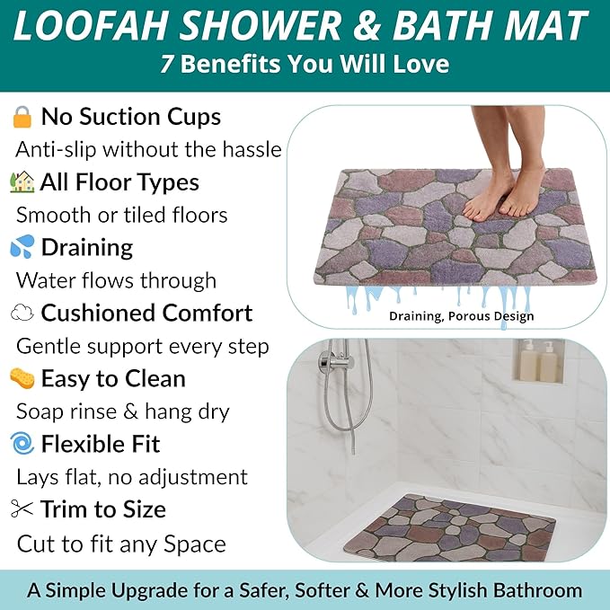 Enkosi Loofah Non-Slip Shower Mat - Shower Floors, Bathtub, Bathrooms, Wet Areas - Cushioned Bath Mat with Drain Holes - Quick Dry PVC, Secure Safety Pad Without Suction Cups (32x24 Stone Path)